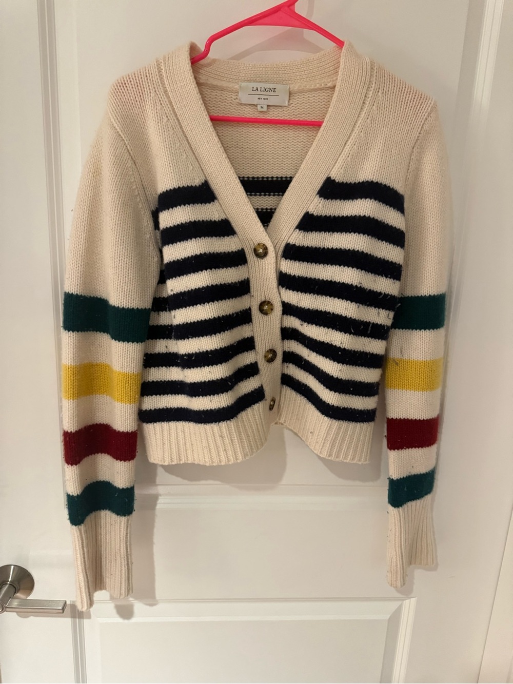 La Ligne Cream Cardigan with Navy, Green, Yellow & Burgundy Stripes